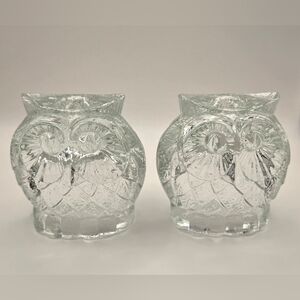 Vintage Pair Embossed Molded Clear Glass Owl  Bird Taper Candle Holder Poland 2